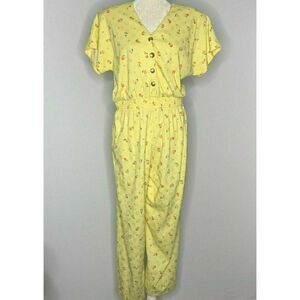 Vintage 80s Floral Cotton Jumpsuit L Yellow V Neck